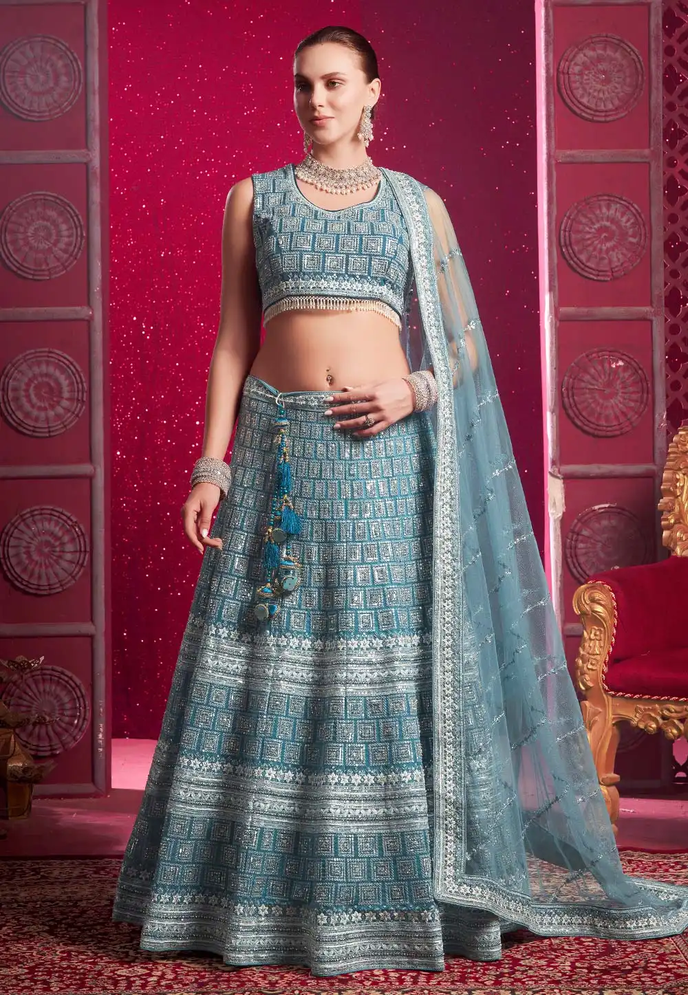 Blue Net Circular Lehenga Choli 294106