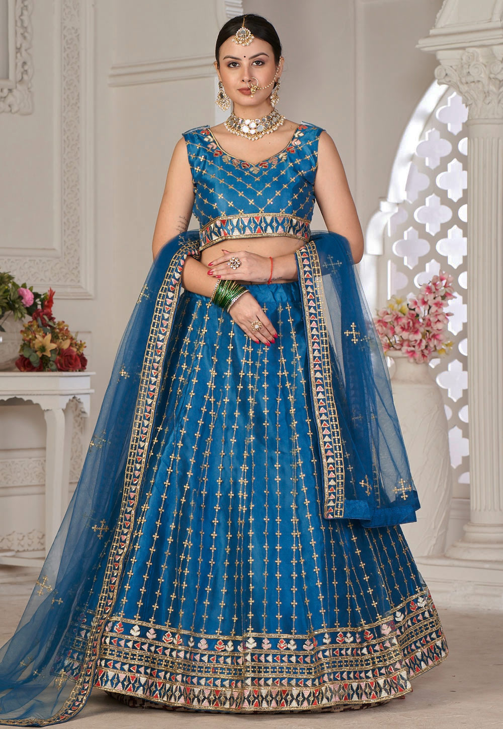 Blue Net Circular Lehenga Choli 286398