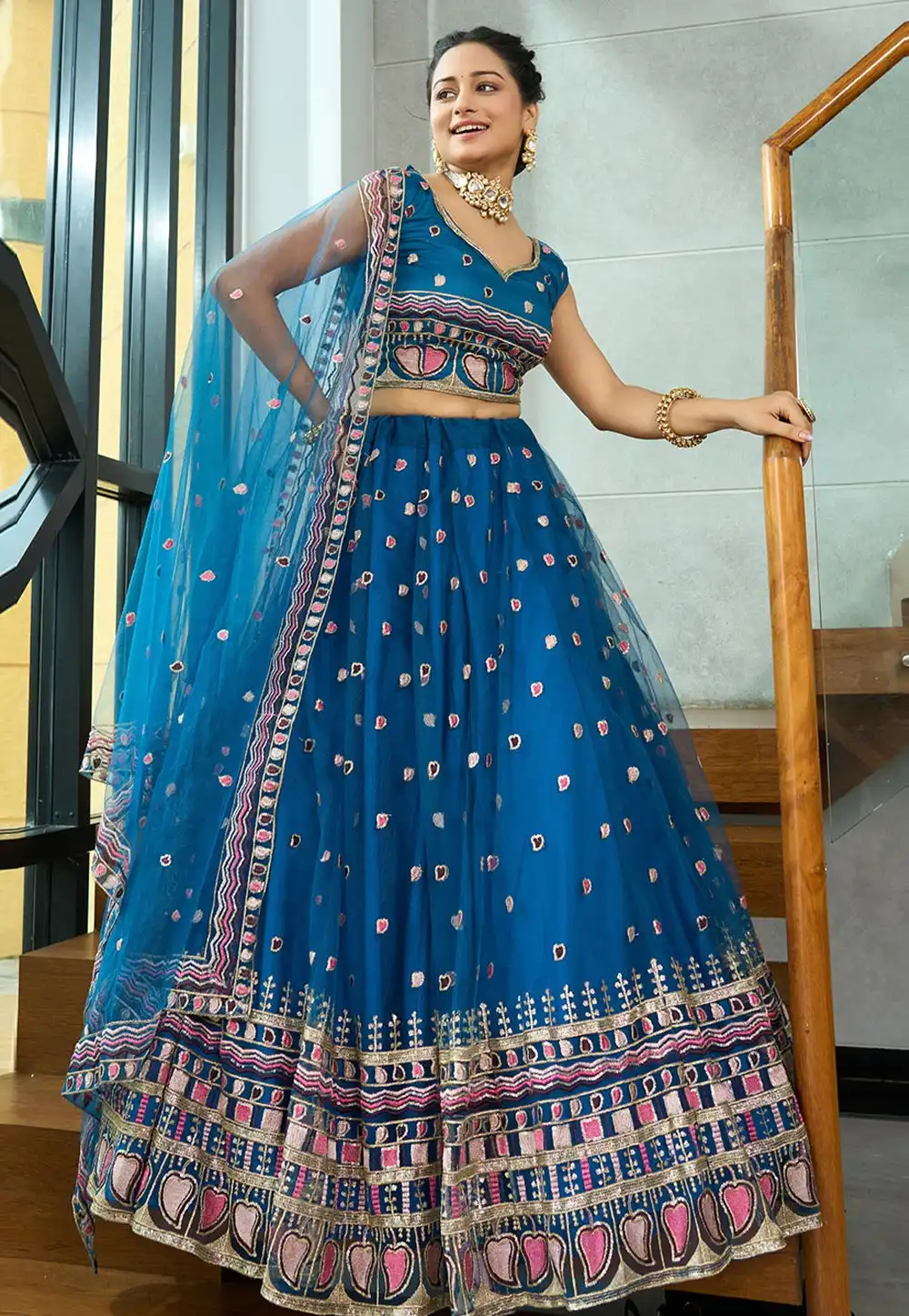 Blue Net Circular Lehenga Choli 293983