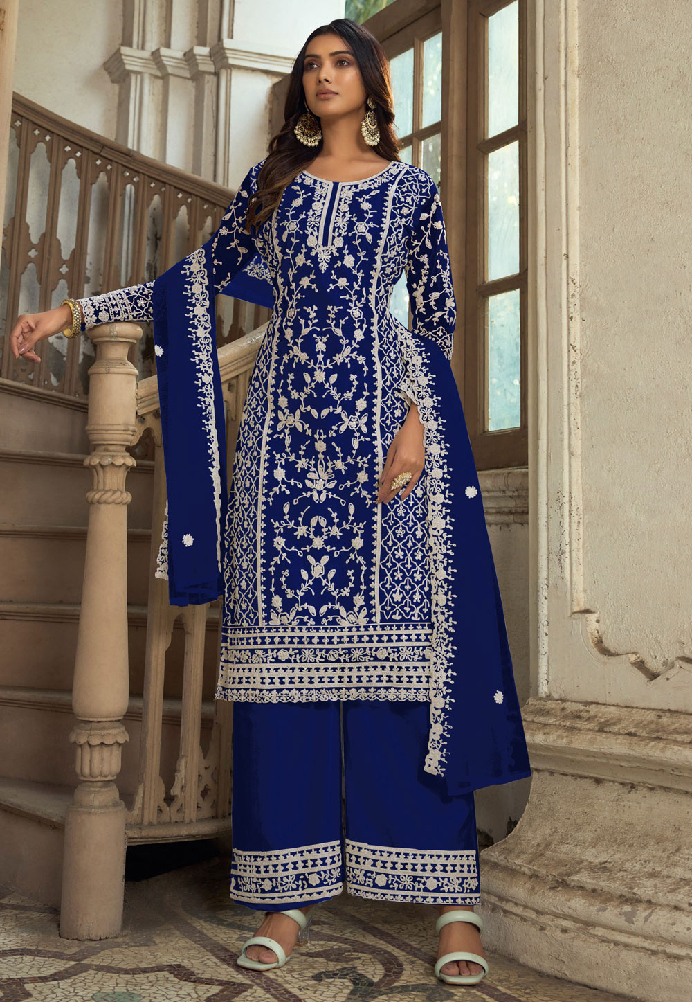 Blue Net Embroidered Pakistani Palazzo Suit 278512