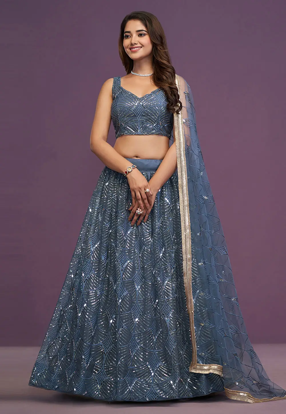 Blue Net Lehenga Choli 296459