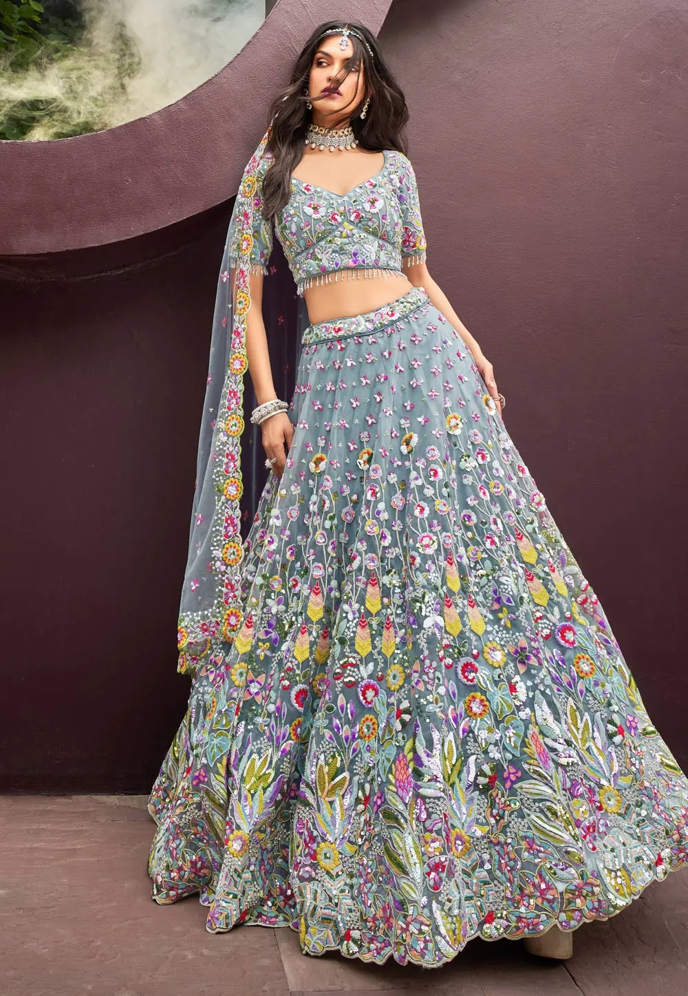 Blue Net Lehenga Choli 297332