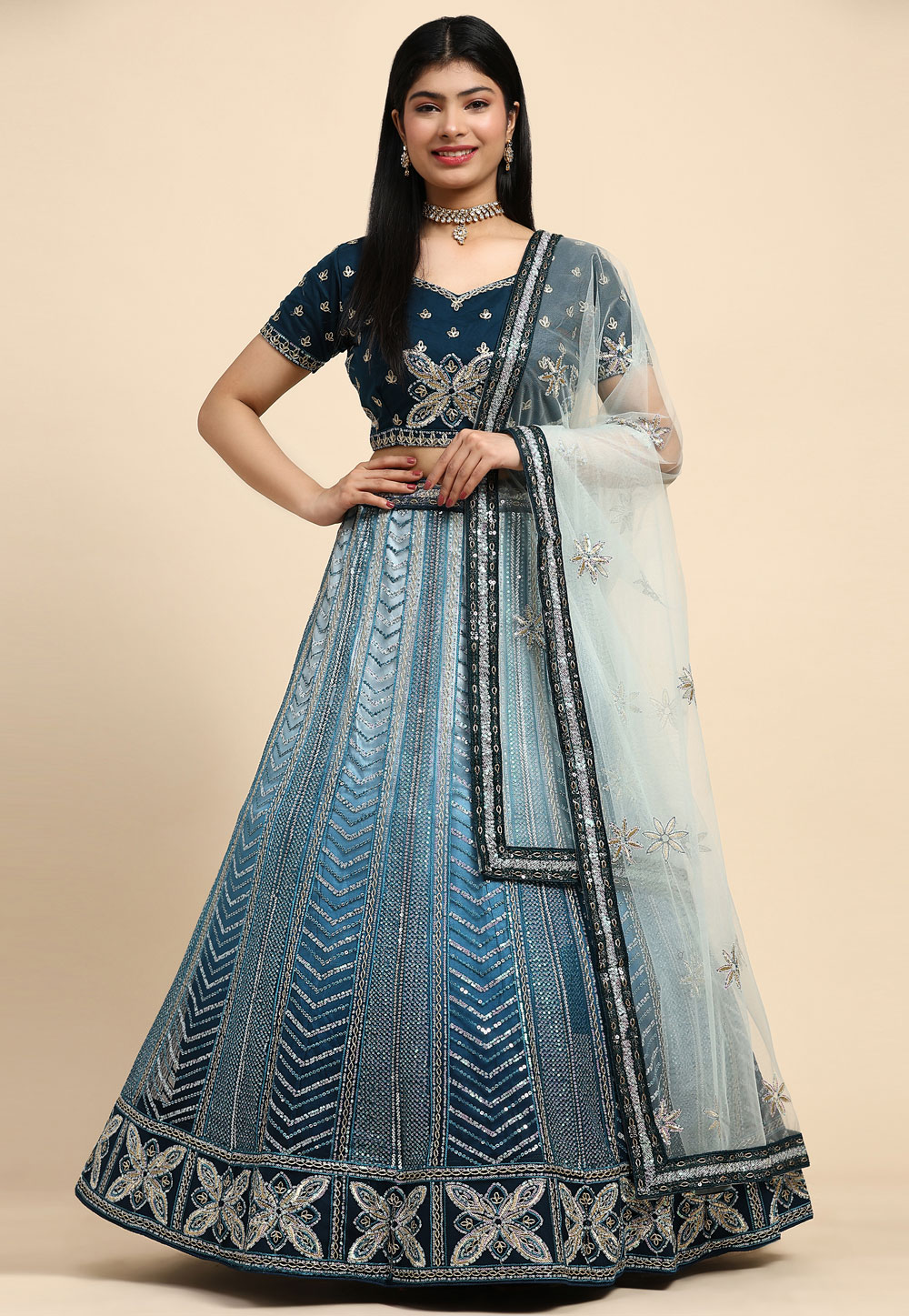 Blue Net Readymade Lehenga Choli 287069