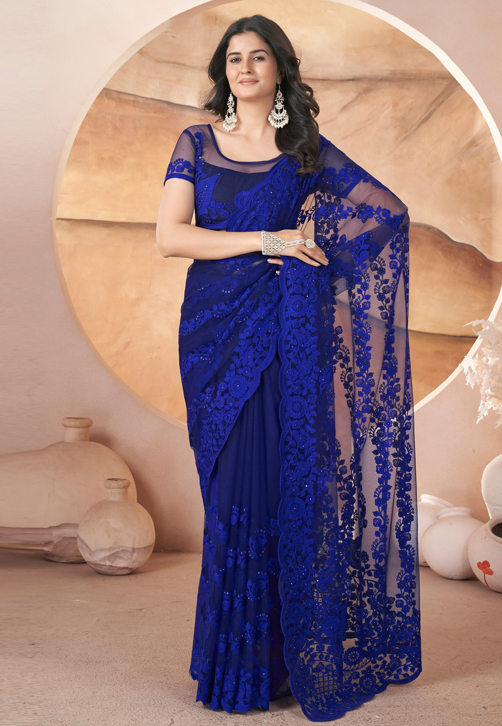 Blue Net Saree With Blouse 309395