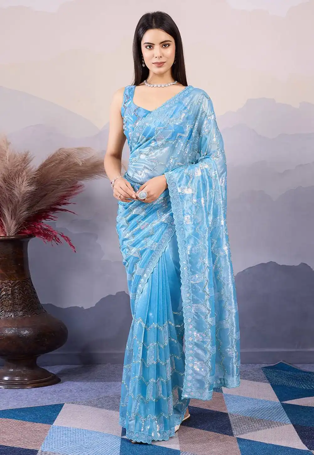 Blue Net Saree With Blouse 294786