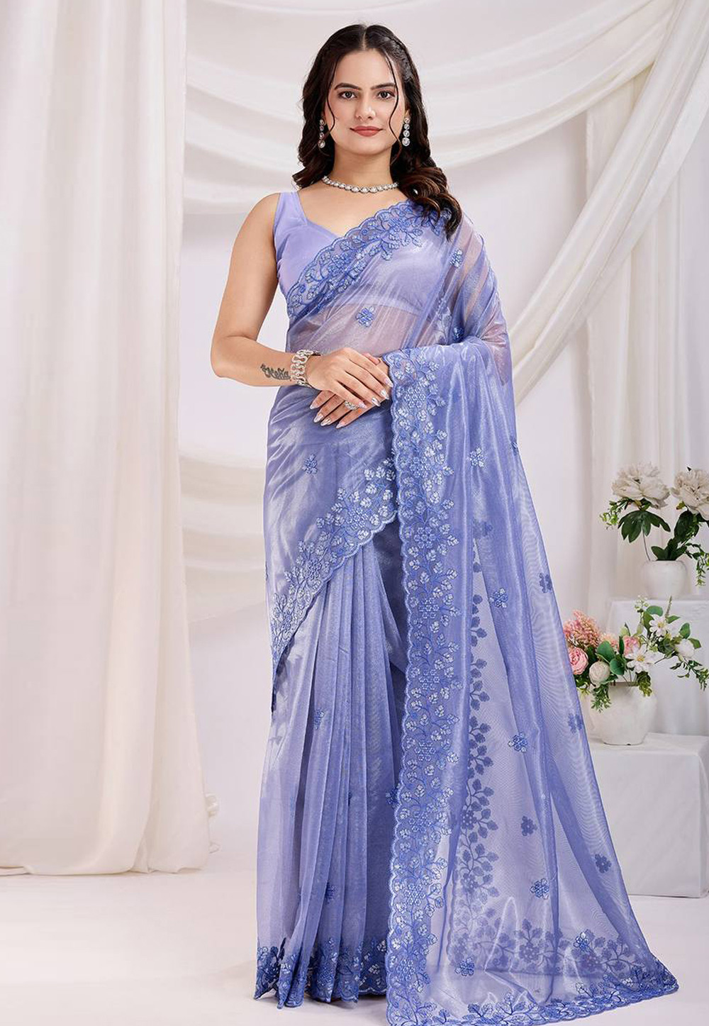 Blue Net Saree With Blouse 304976