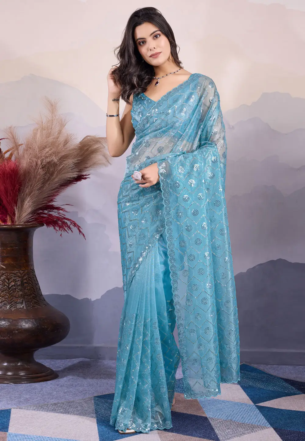 Blue Net Saree With Blouse 295503