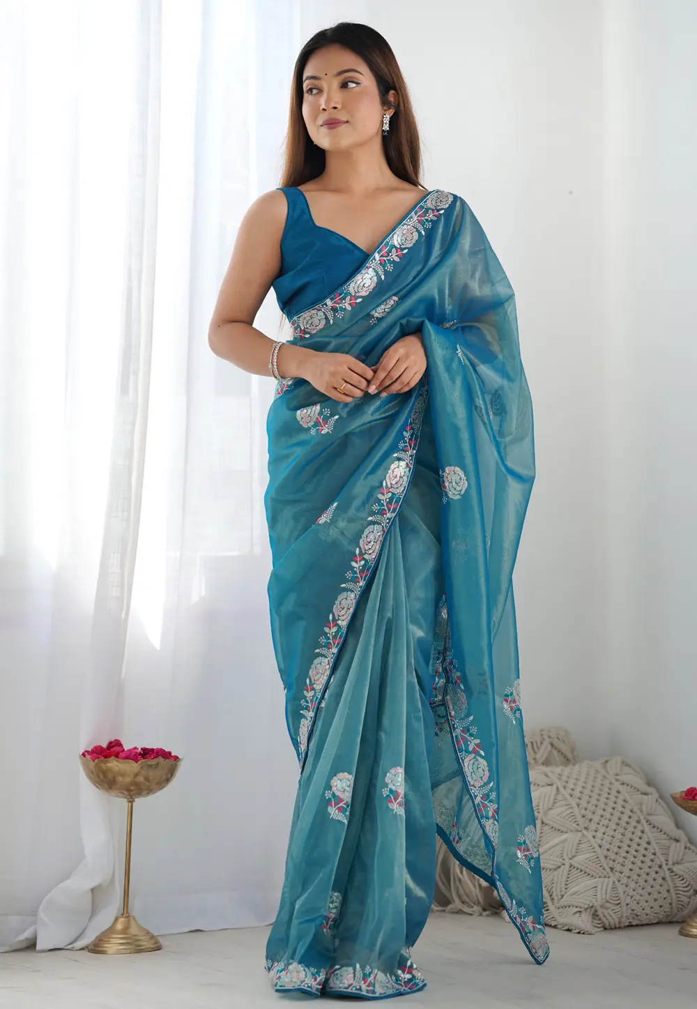 Blue Net Saree With Blouse 301553