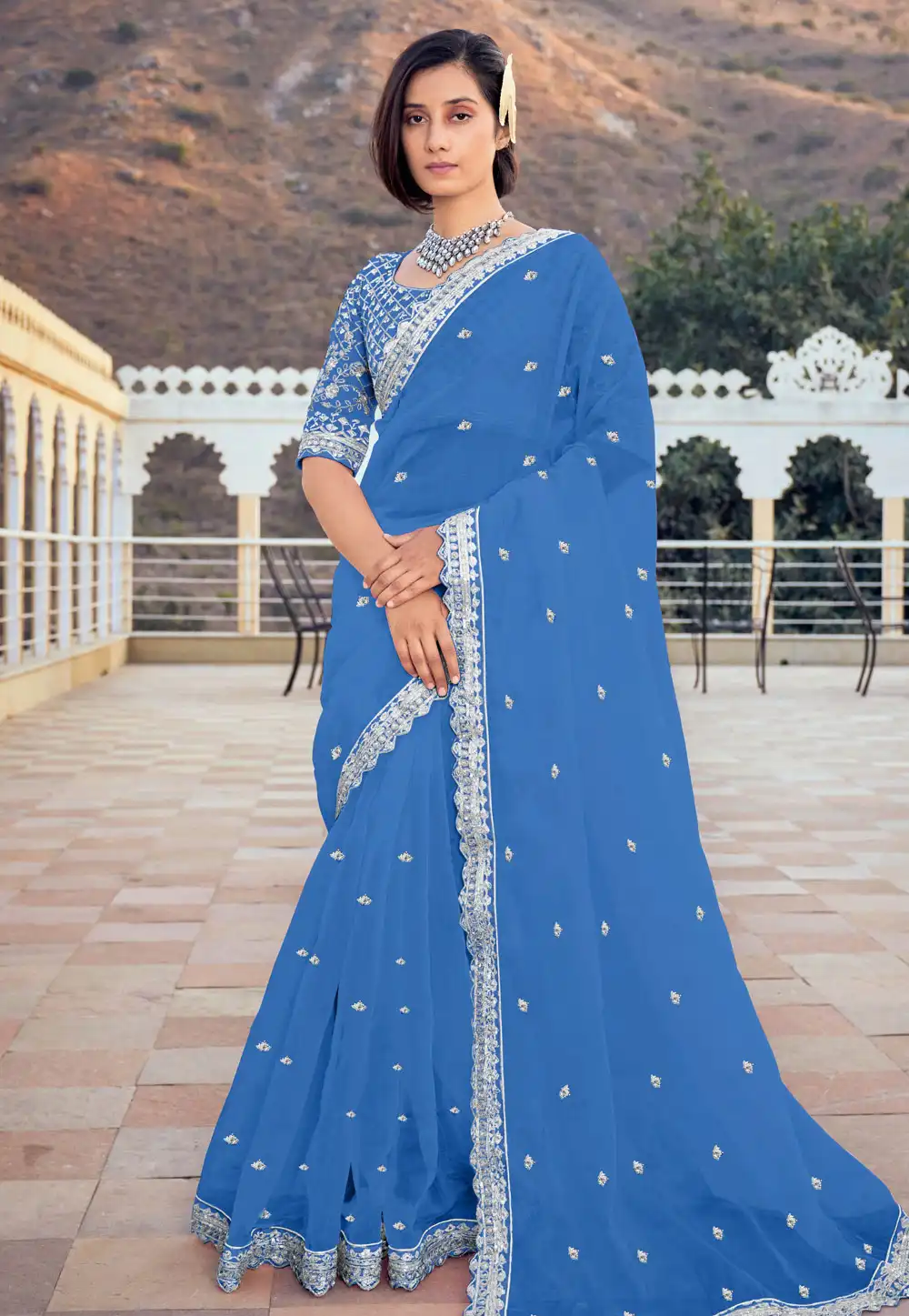 Blue Organza Saree With Blouse 294494