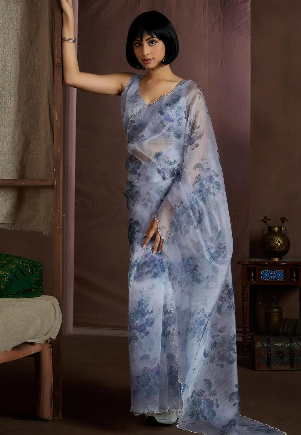 Blue Organza Saree With Blouse 299478