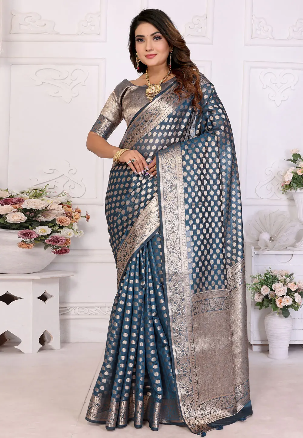 Blue Organza Saree With Blouse 304125