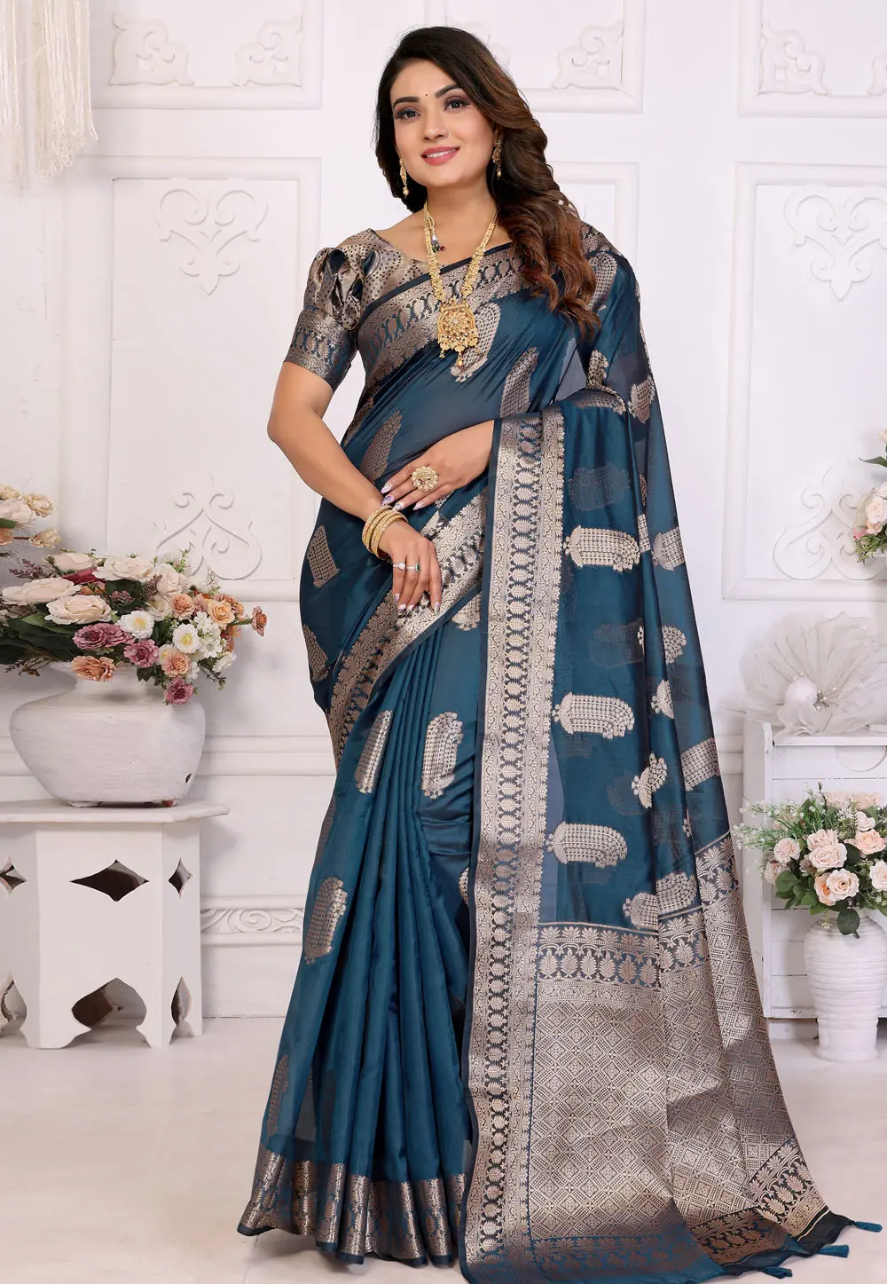 Blue Organza Saree With Blouse 304396