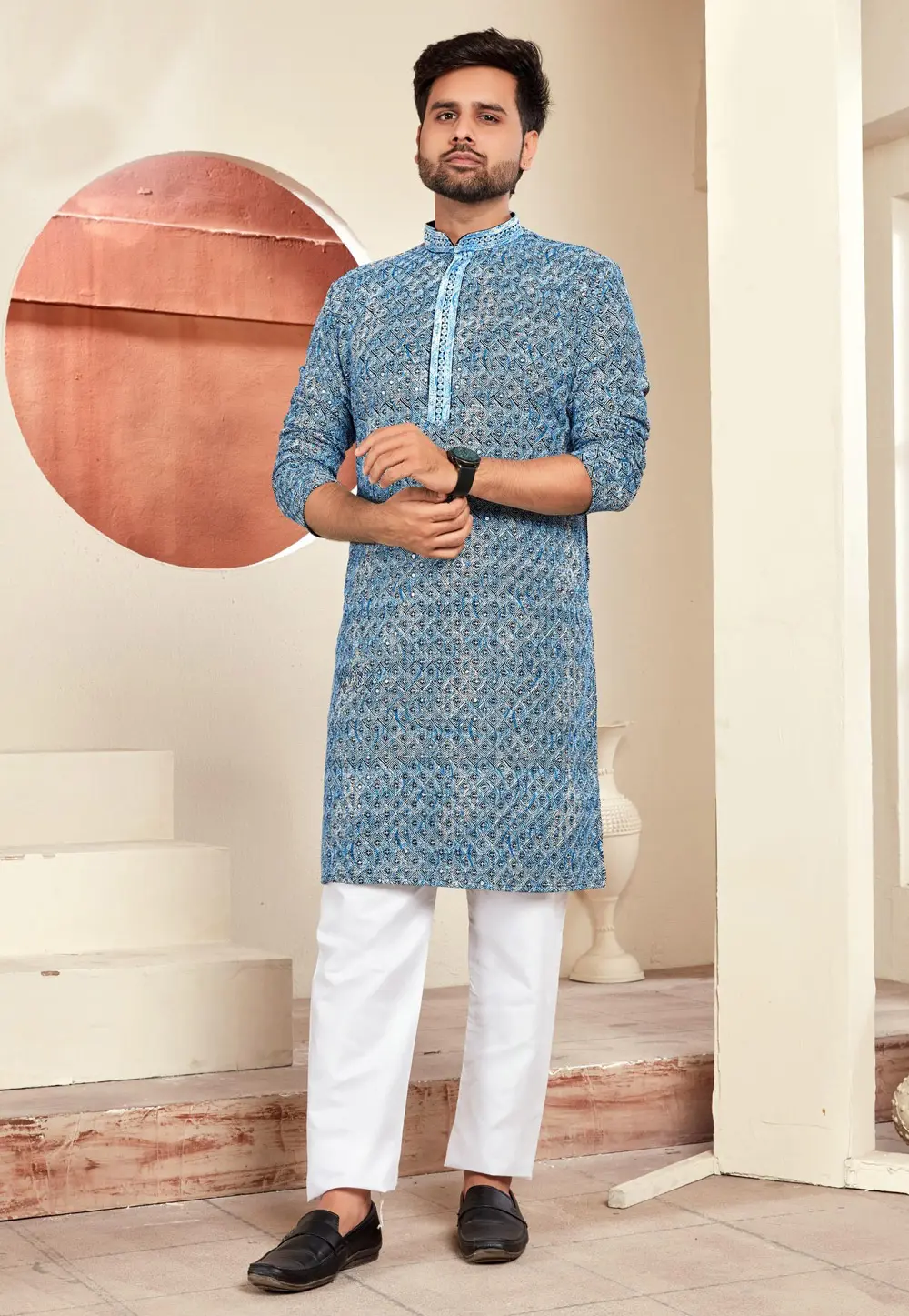 Blue Rayon Kurta Pajama 300469