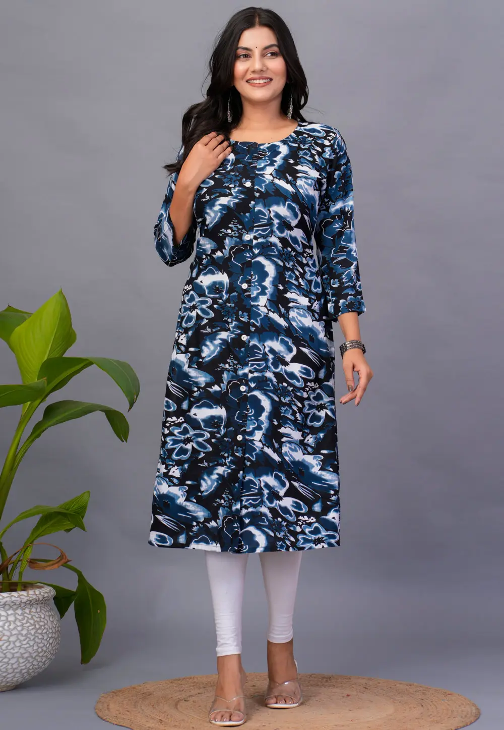 Blue Rayon Printed Long Kurti 302978