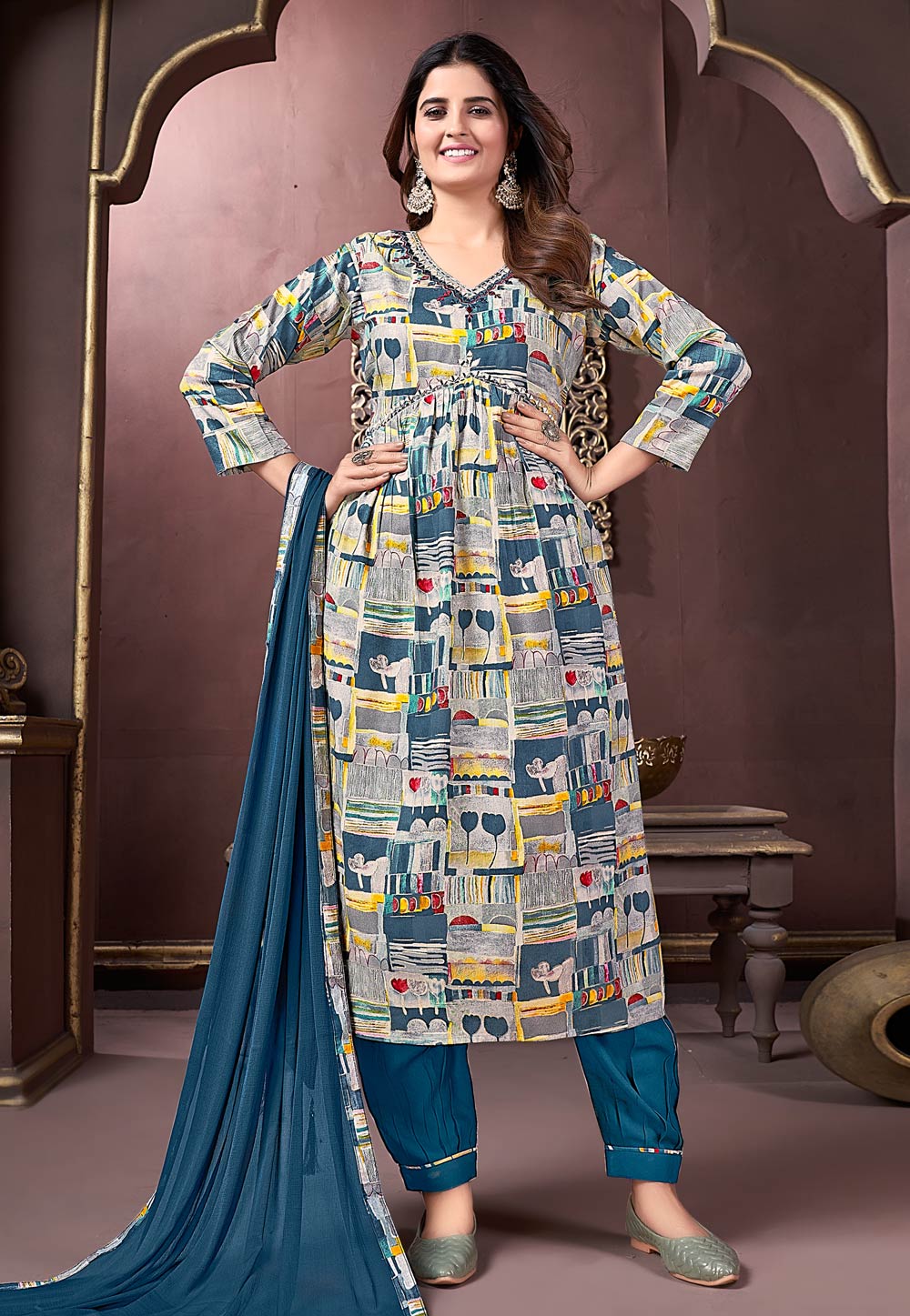 Blue Rayon Readymade Pant Style Suit 284100