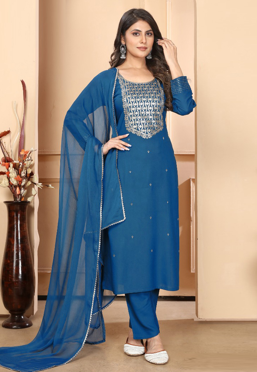 Blue Rayon Readymade Pant Style Suit 287480