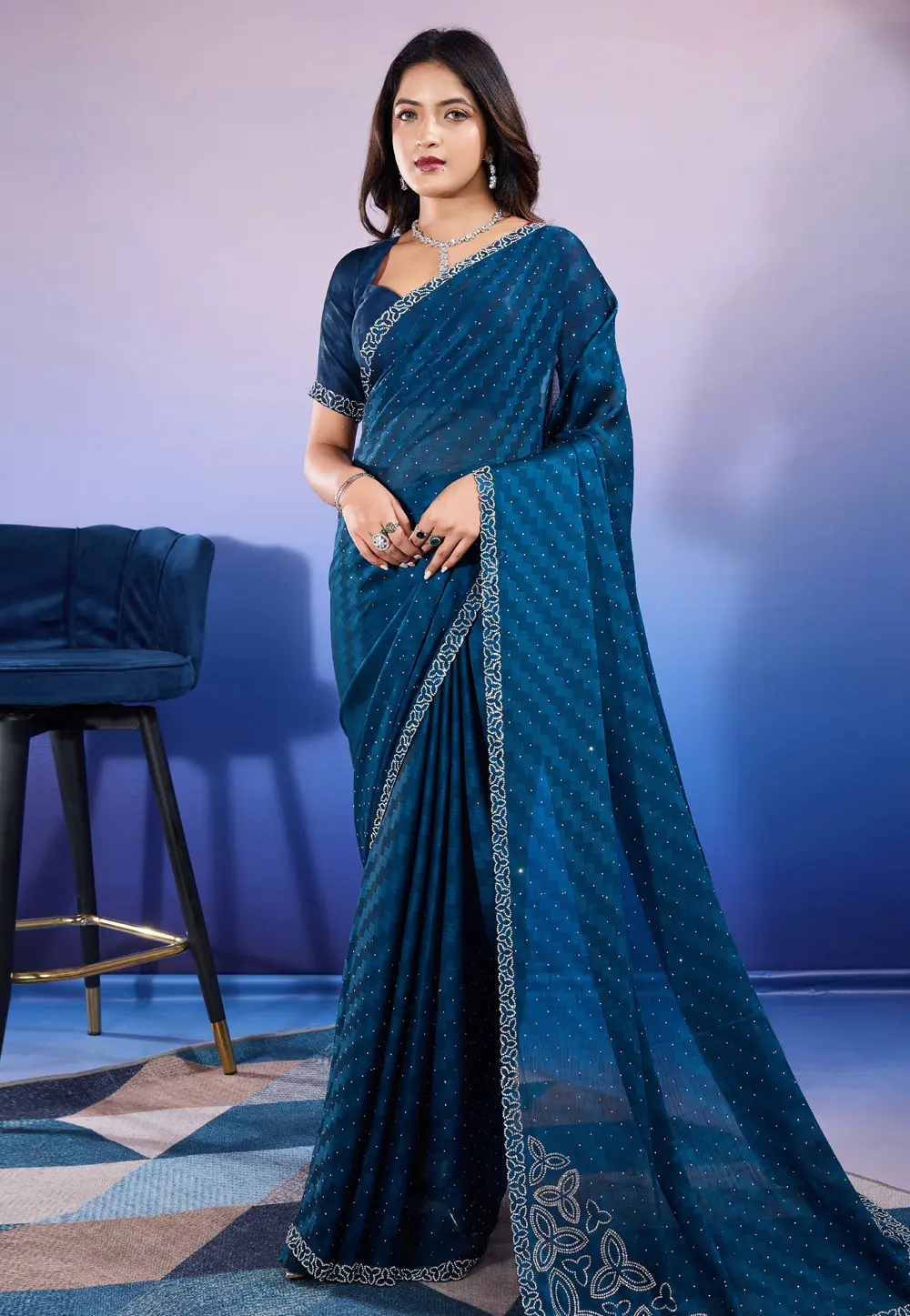 Blue Satin Chiffon Saree With Blouse 297711