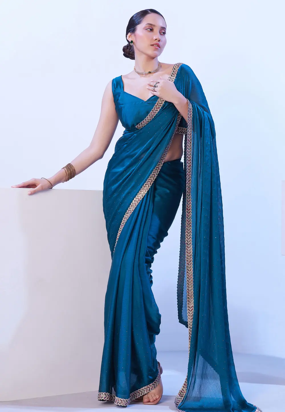 Blue Satin Chiffon Saree With Blouse 302819