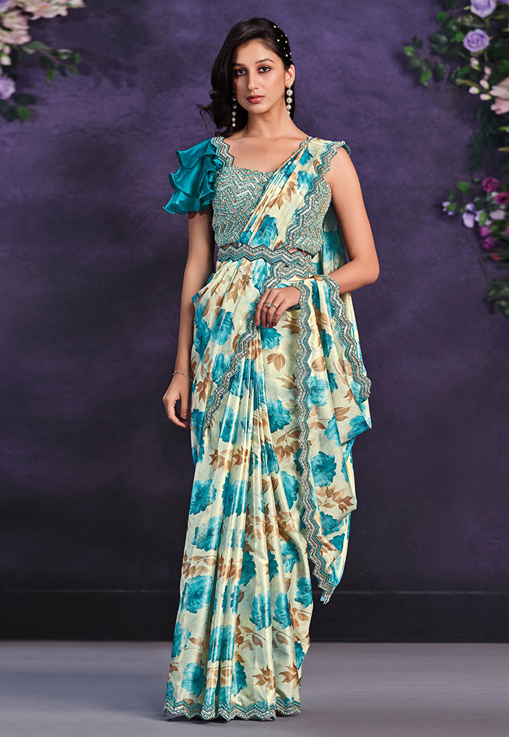 Blue Satin Silk Designer Saree 286624
