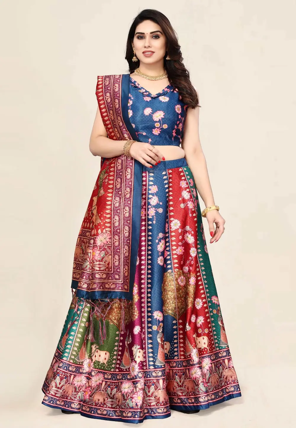 Blue Satin Silk Floral print Lehenga choli 297160