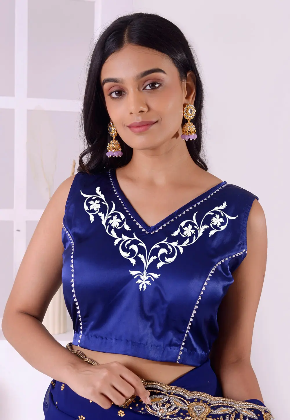 Blue Satin Silk Readymade Blouse 298320