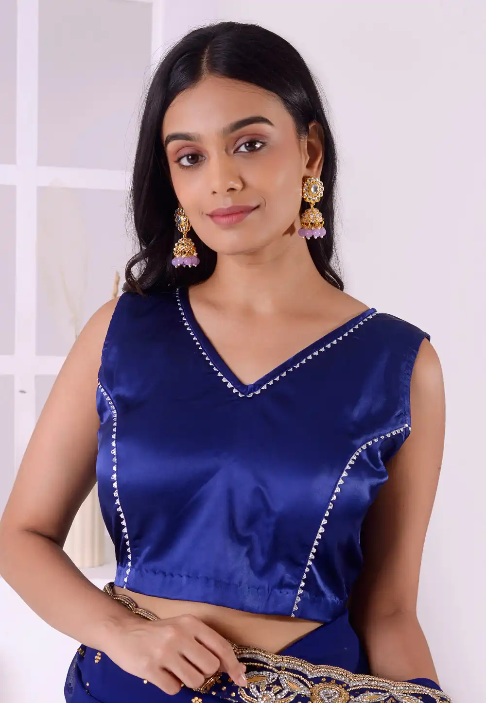 Blue Satin Silk Readymade Blouse 292546