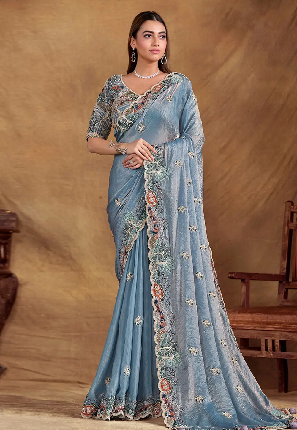 Blue Satin Silk Saree With Blouse 297179