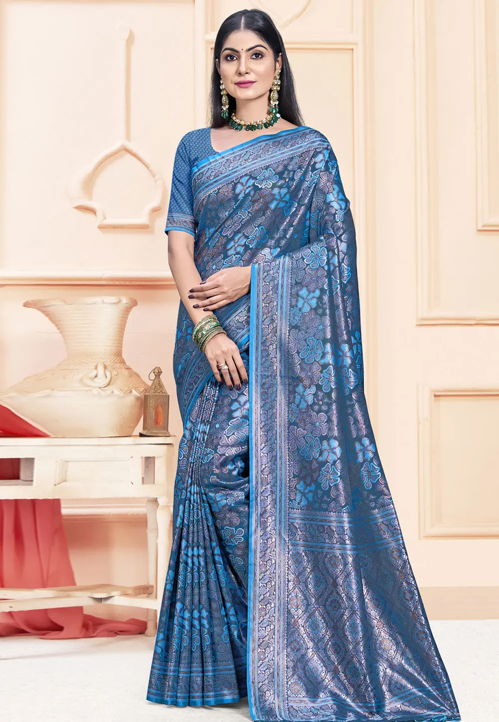 Blue Satin Silk Saree With Blouse 303108