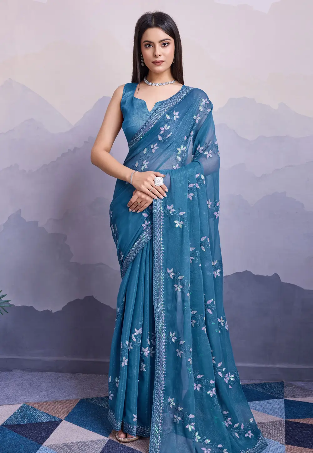 Blue Shimmer Chiffon Saree With Blouse 295674