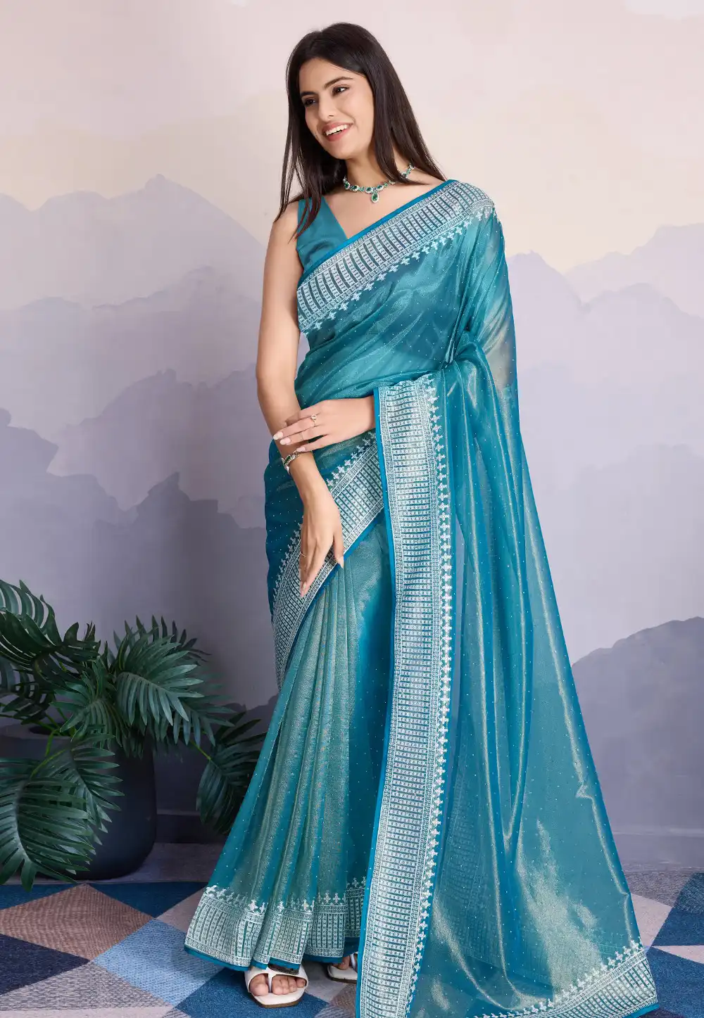 Blue Shimmer Net Saree With Blouse 294789