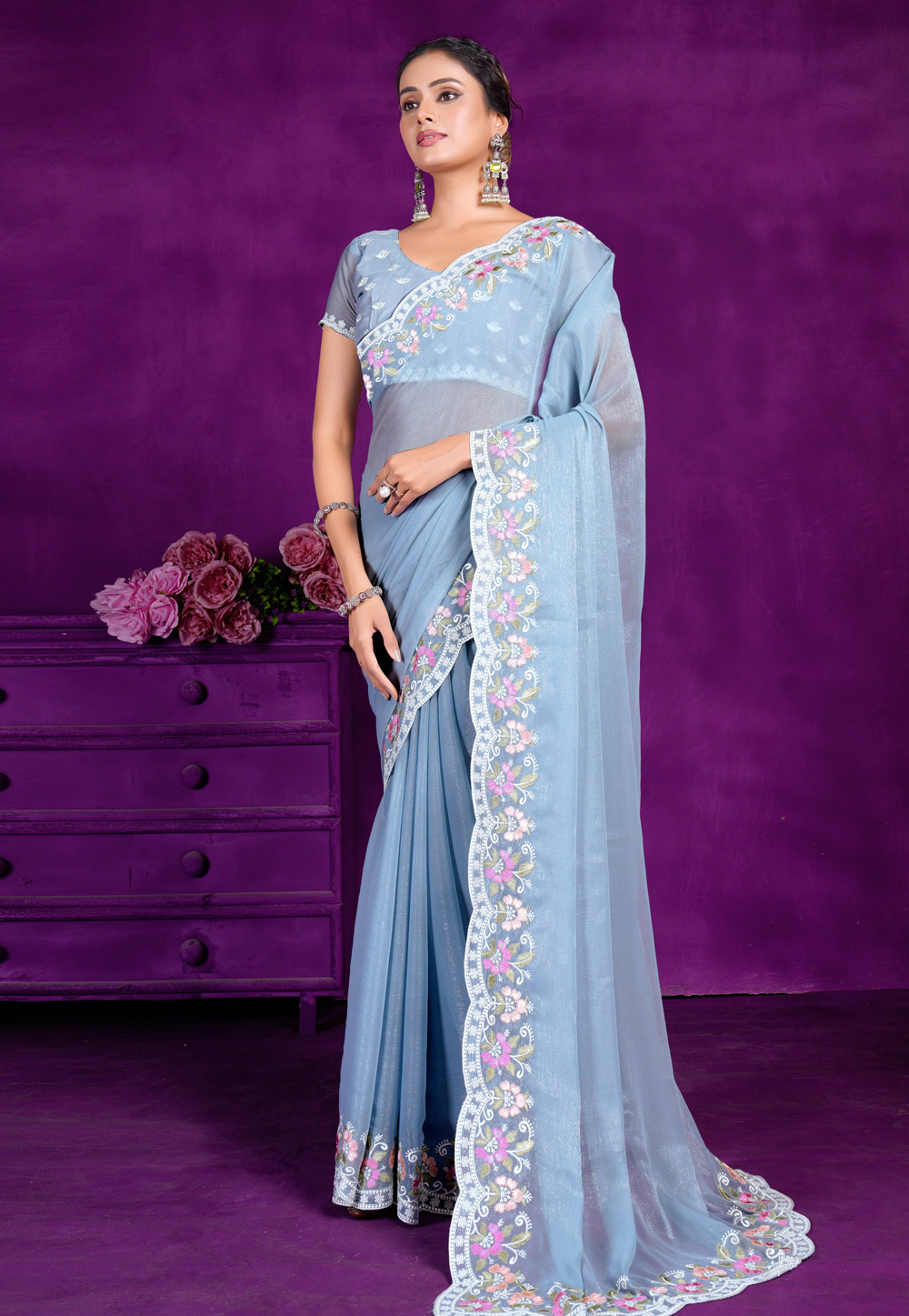 Blue Shimmer Saree With Blouse 285813