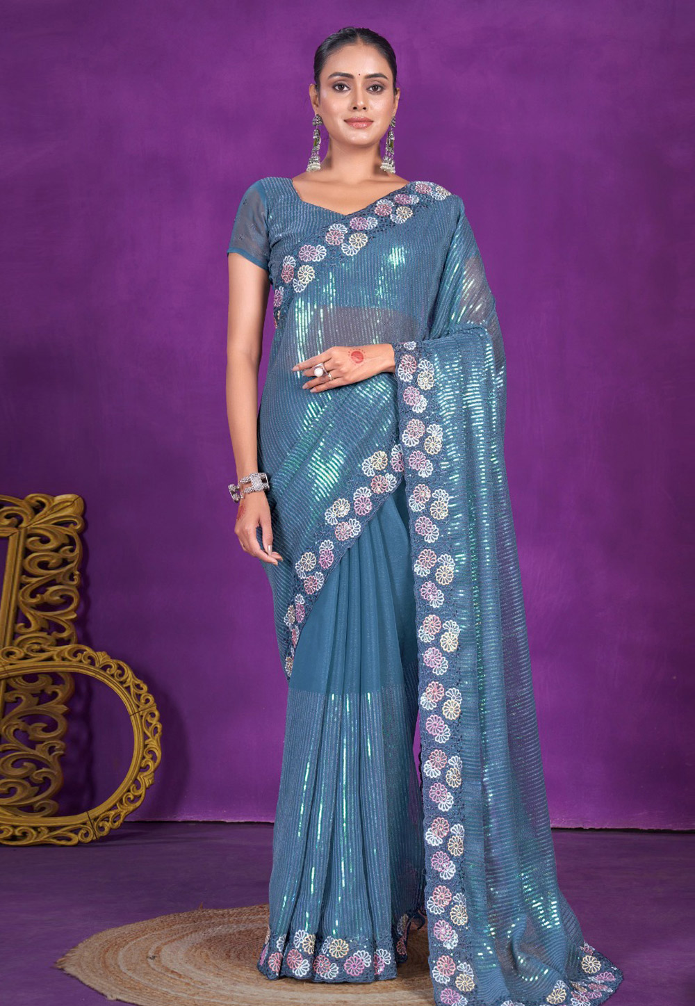 Blue Shimmer Sequence Saree 285501
