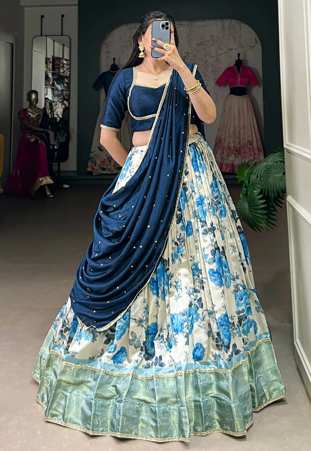 Blue Silk Floral print Lehenga choli 300912