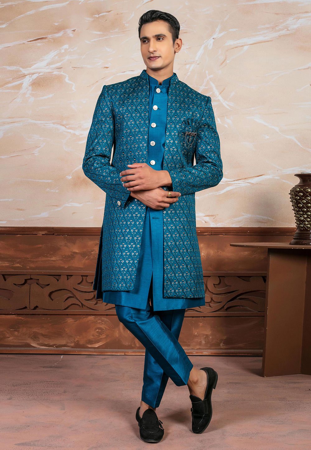 Blue Silk Indo Western Suit 287140