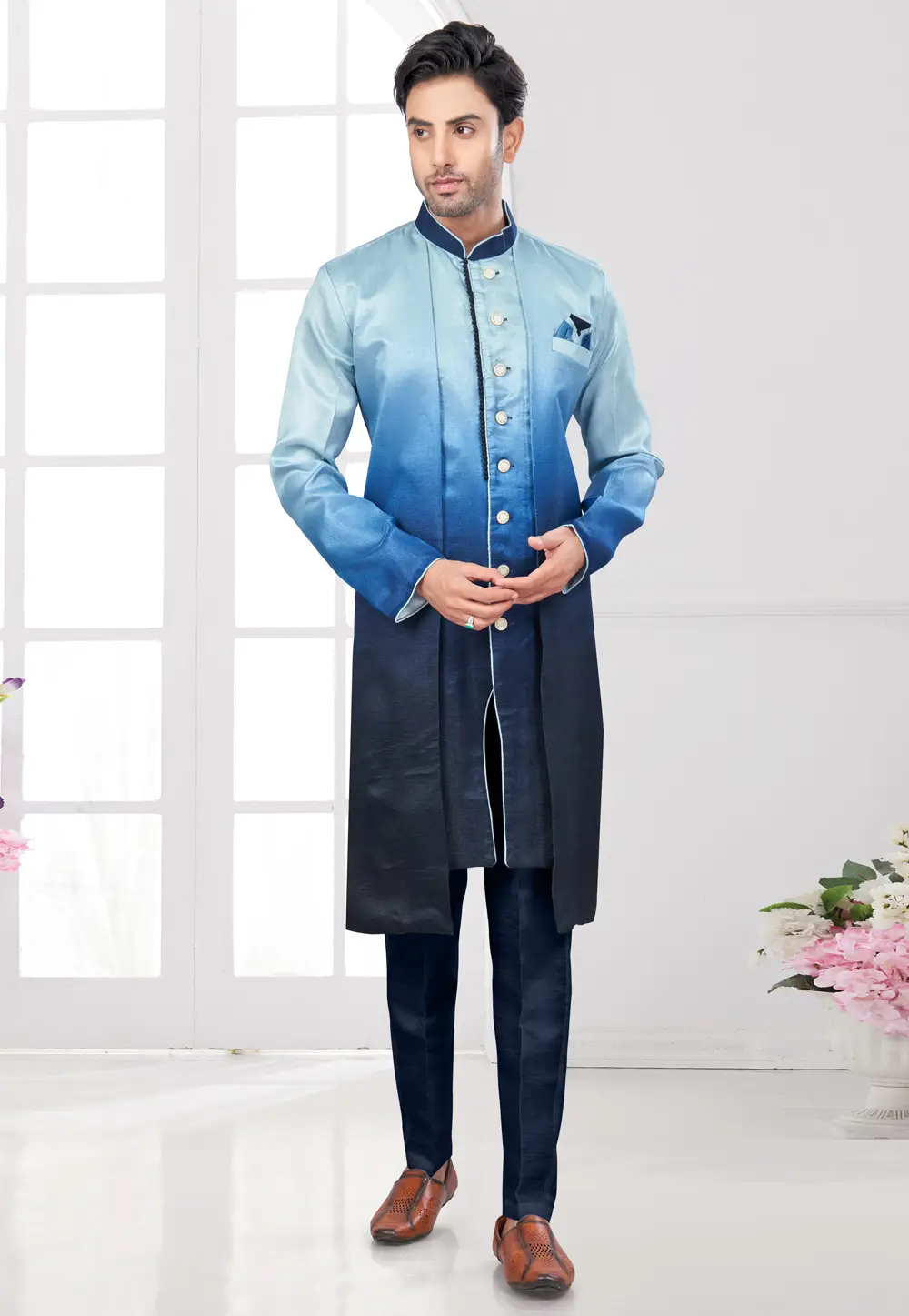 Blue Silk Indo Western Suit 295643