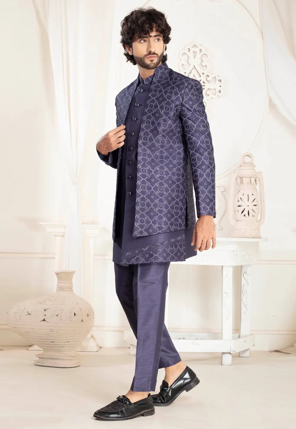 Blue Silk Jacket Style Sherwani 302149