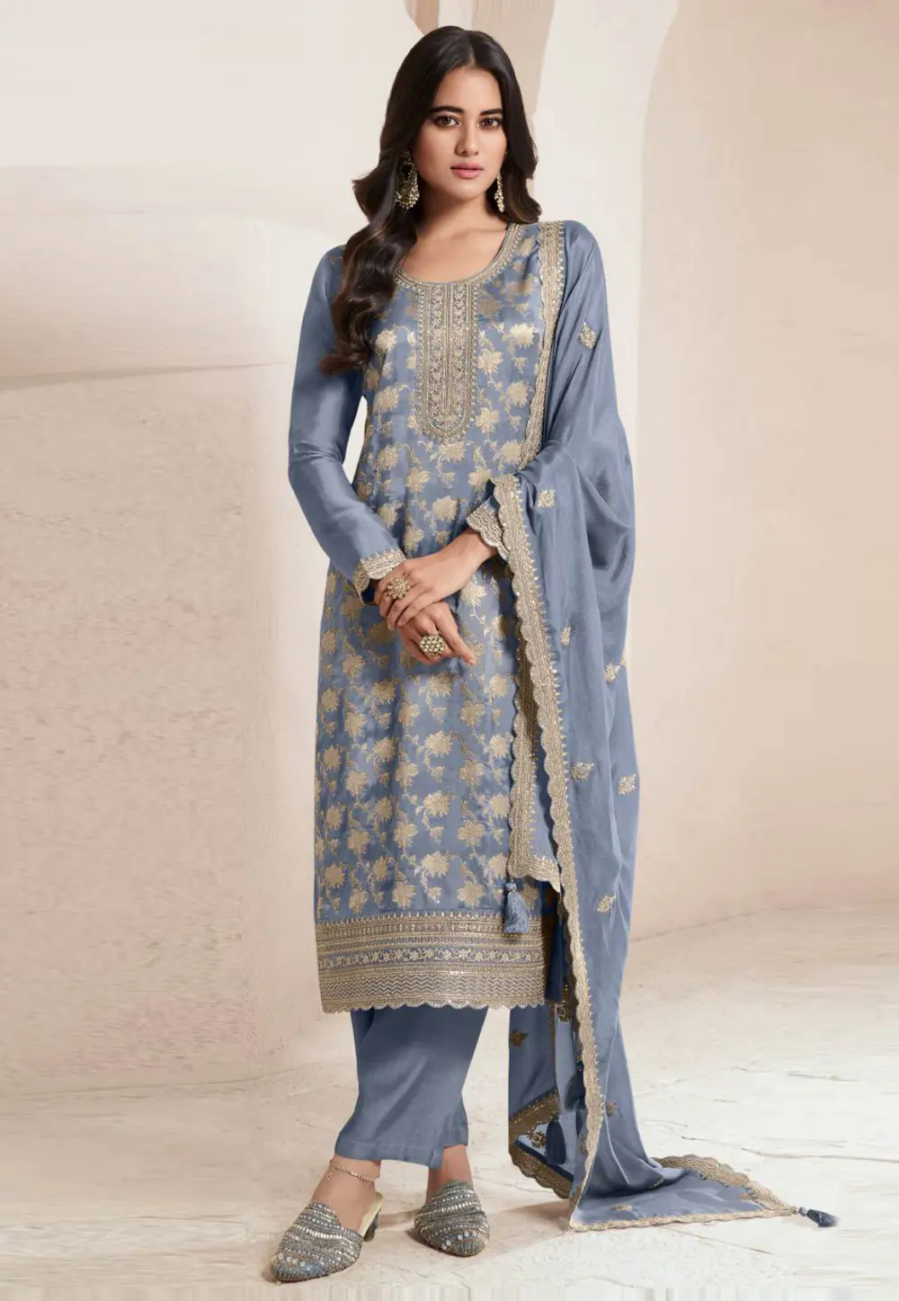 Blue Silk Jacquard Pant Style Suit 301087