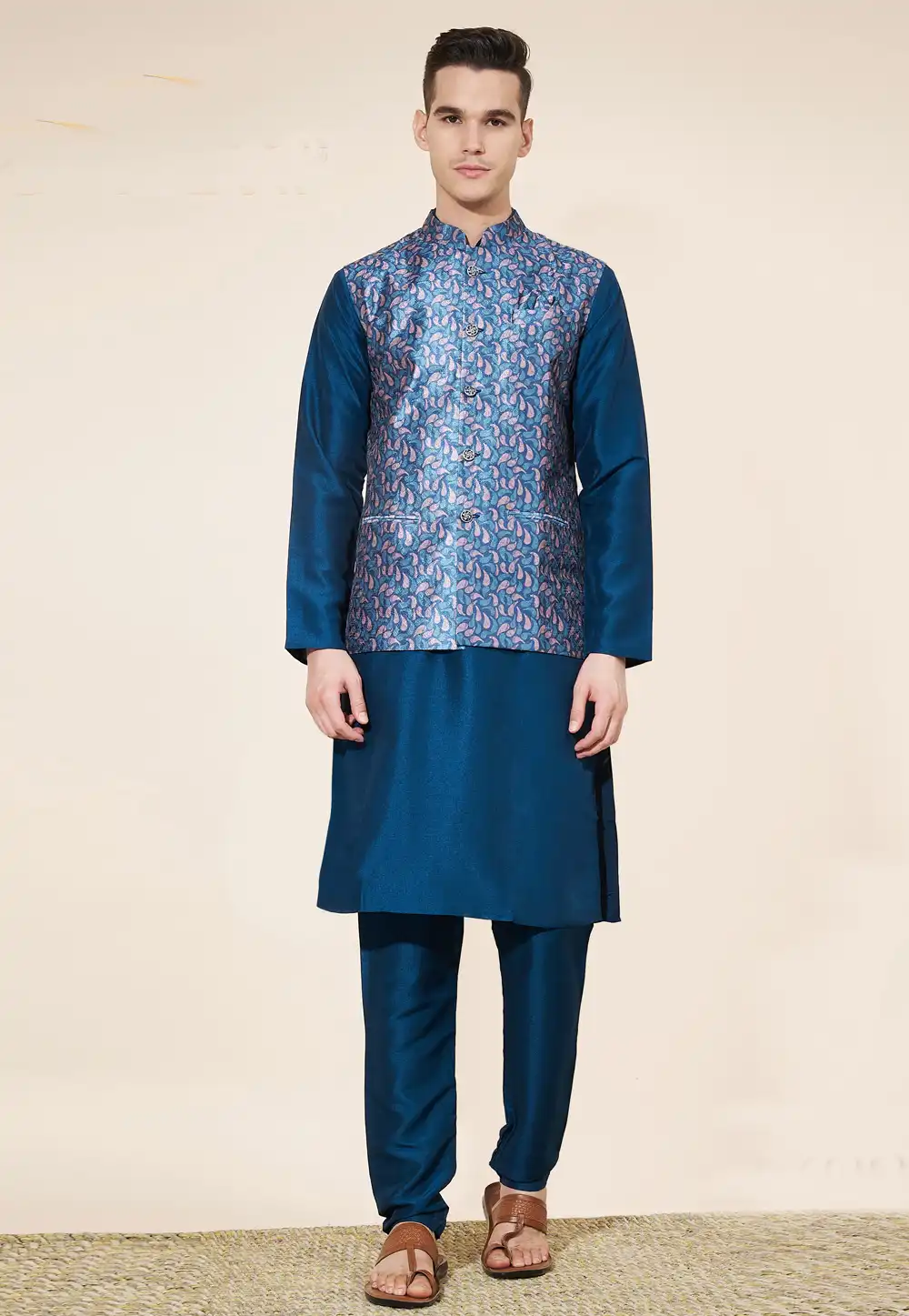 Blue Silk Kurta Pajama With Jacket 287882