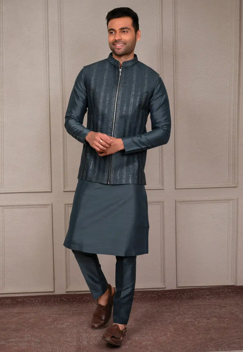 Blue Silk Kurta Pajama With Jacket 293909