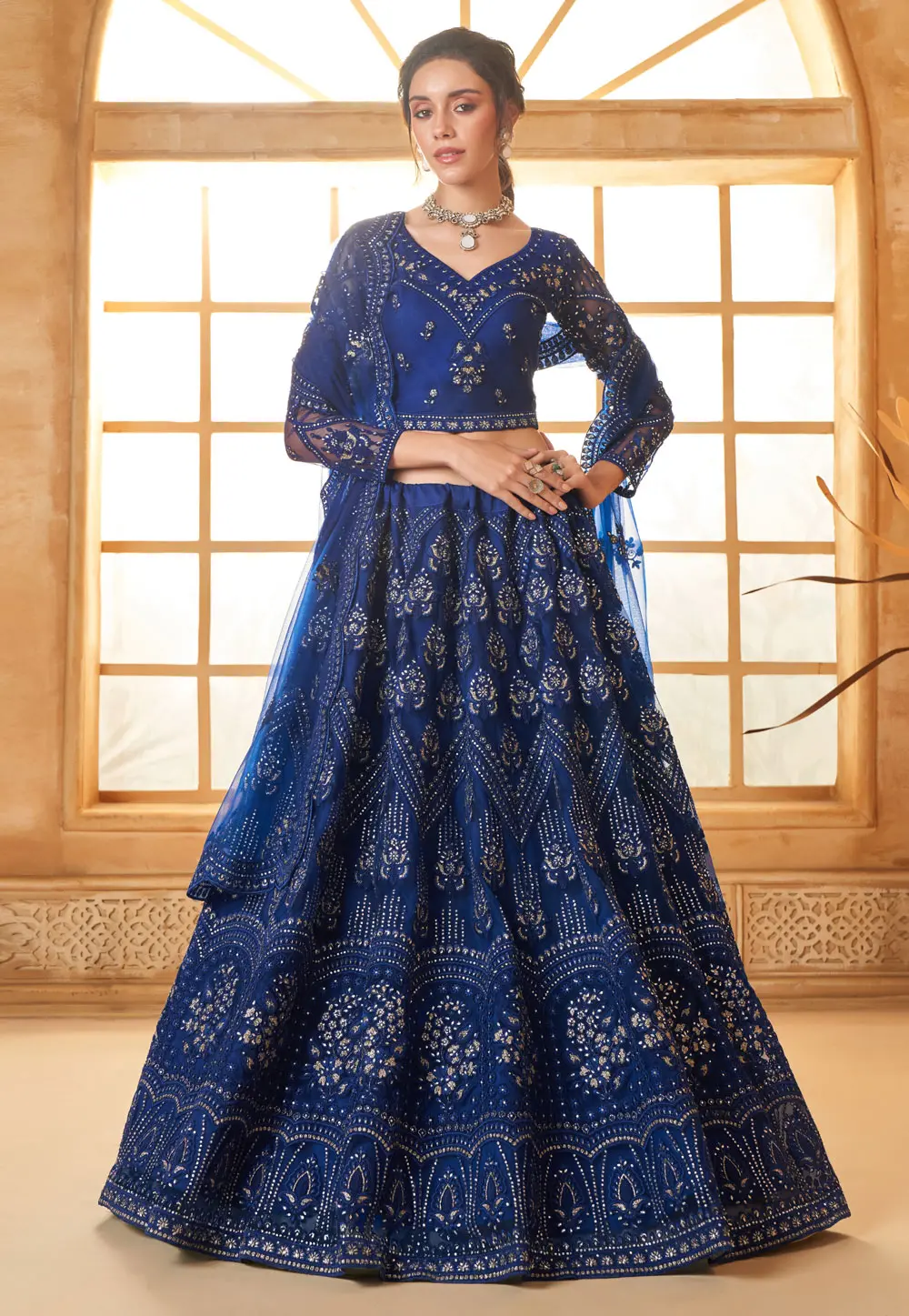 Blue Silk Net Lehenga Choli For Wedding 297597