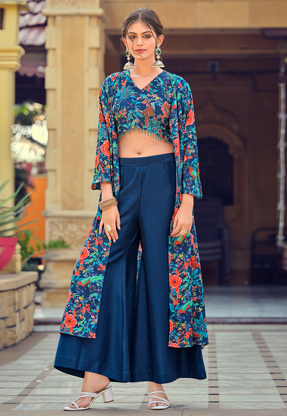 Blue Silk Palazzo With Crop Top 309048