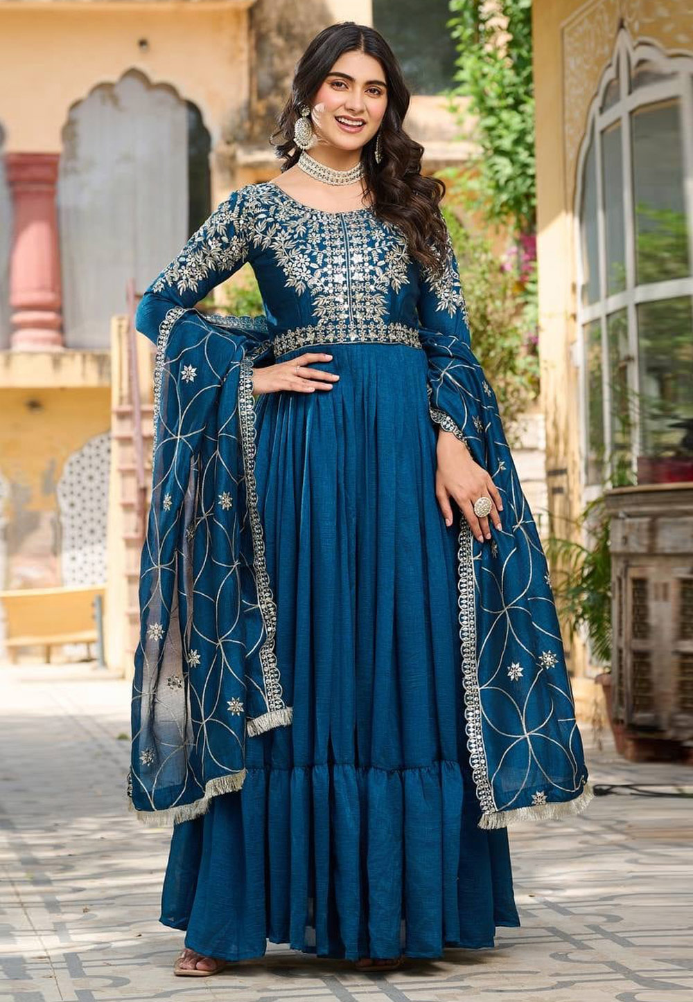 Blue Silk Readymade Anarkali Suit 309621