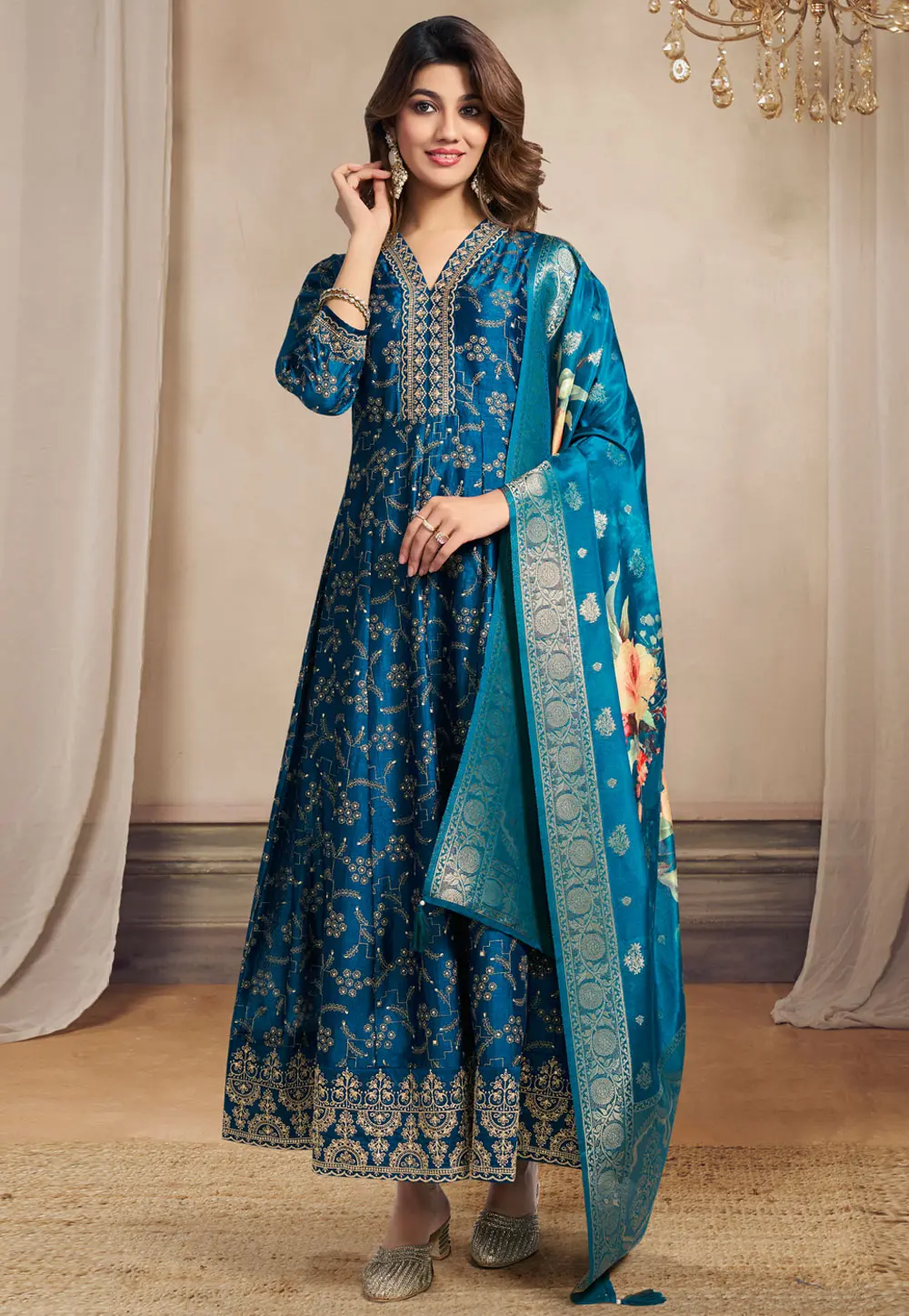 Blue Silk Readymade Anarkali Suit 301613