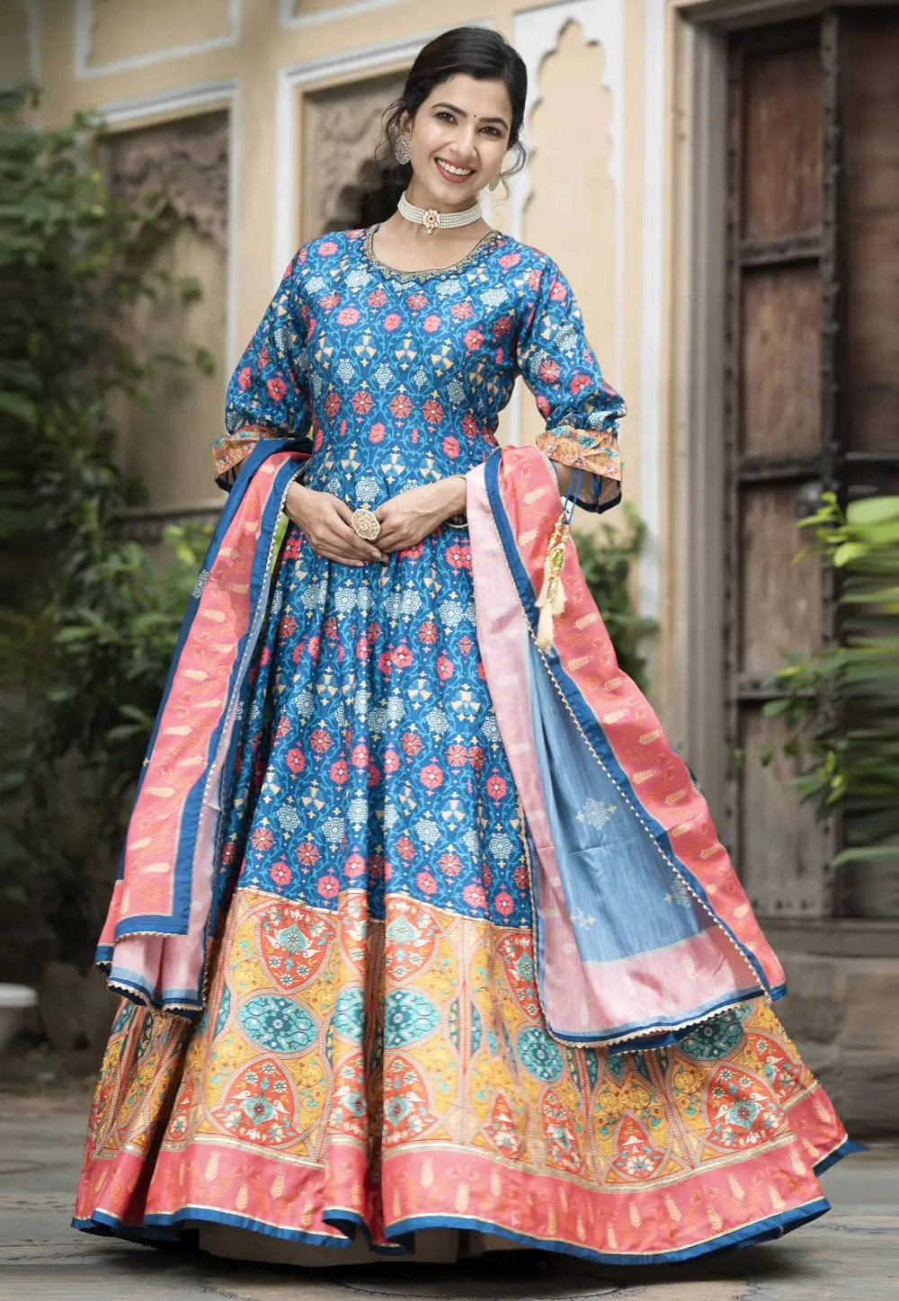 Blue Silk Readymade Anarkali Suit 296439