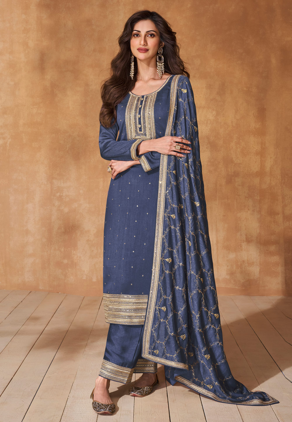 Blue Silk Readymade Pakistani Suit 286665