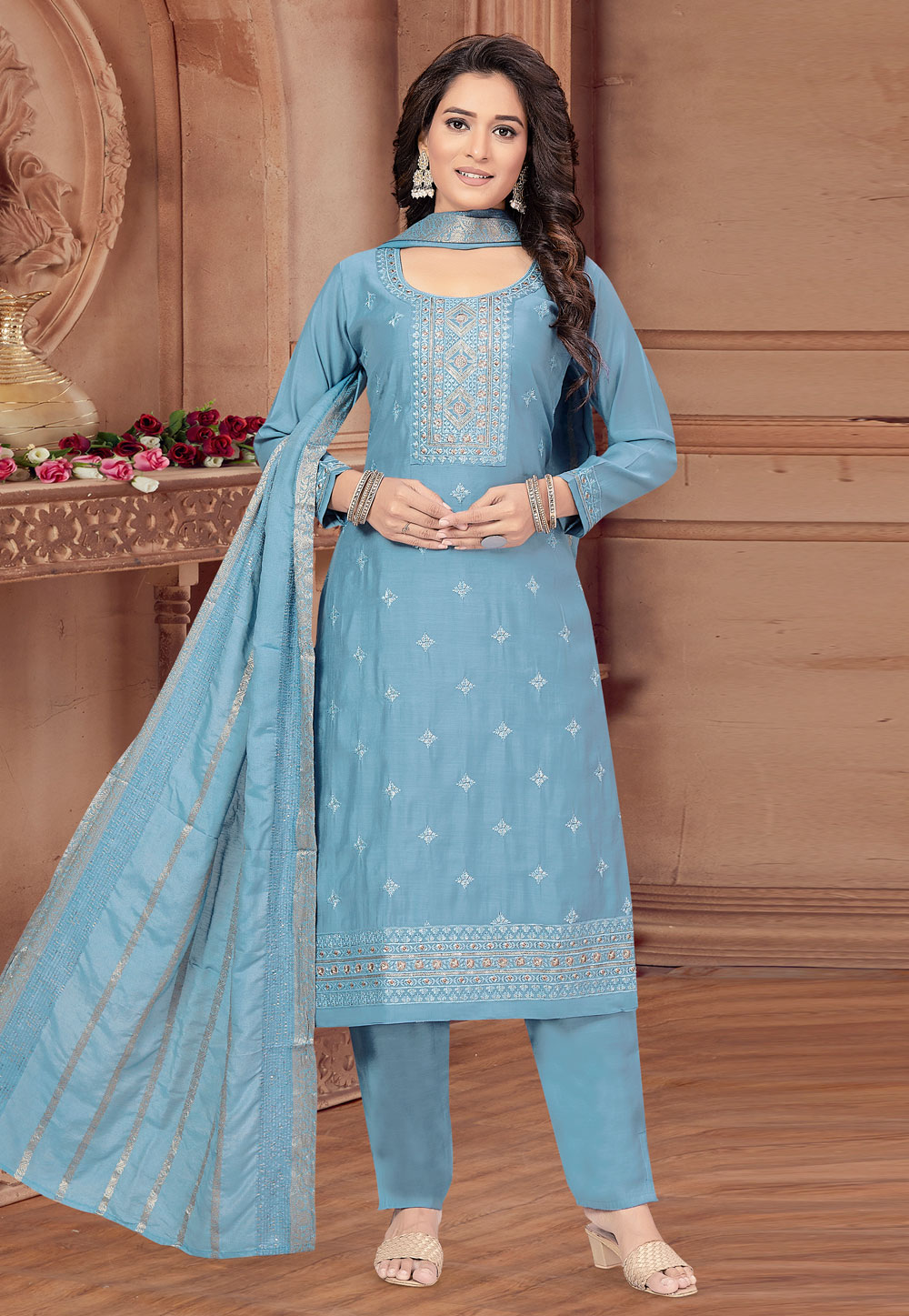 Blue Silk Readymade Pakistani Suit 281500