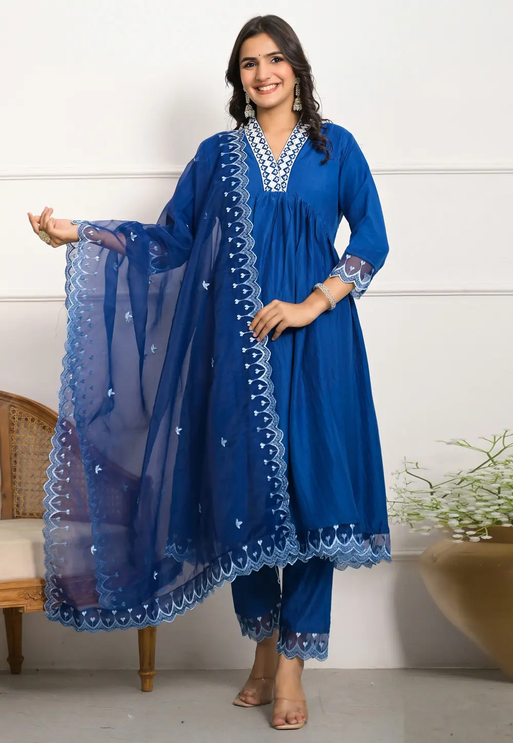 Blue Silk Cotton Readymade Pakistani Suit 299093