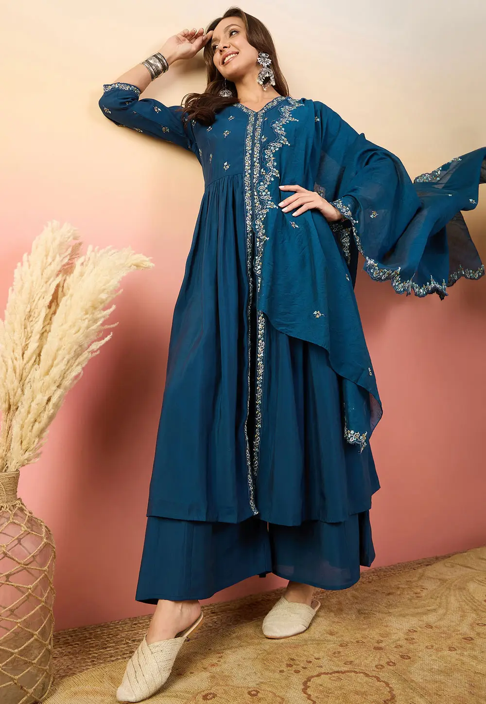 Blue Silk Readymade Palazzo Suit 296554