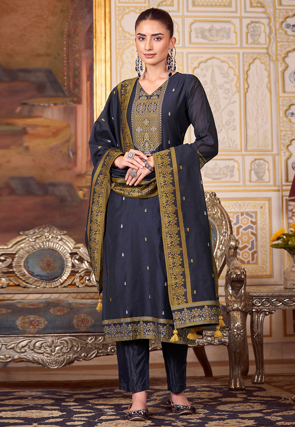 Blue Silk Readymade Pant Style Suit 306287