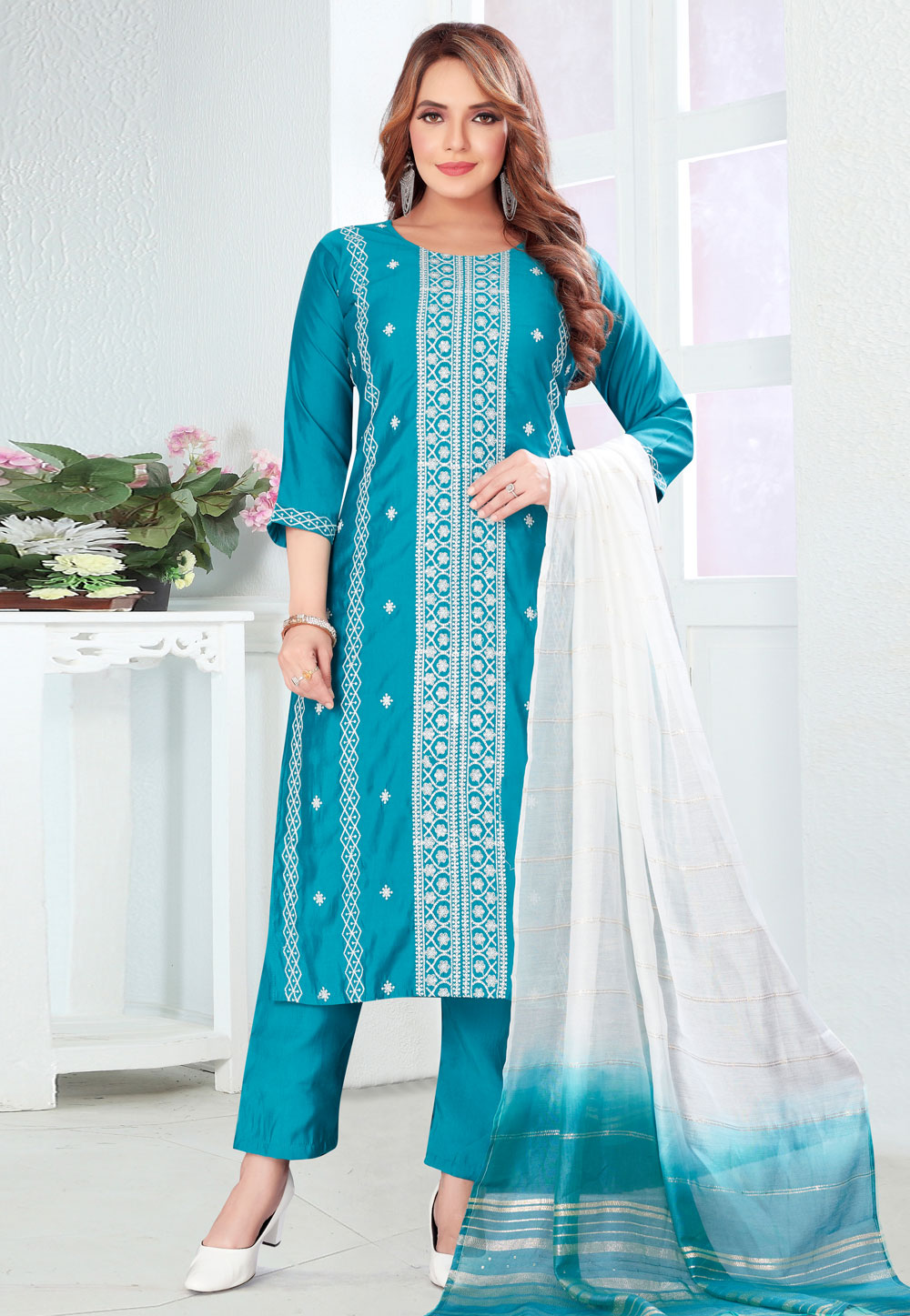 Blue Silk Readymade Pant Style Suit 305057